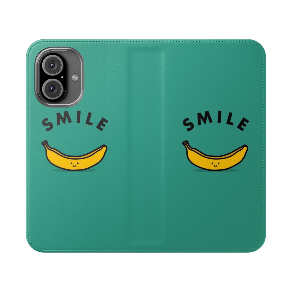 Banana themed flip cover phone case with a smiling fruit design