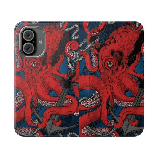 Anchors Away - Waterproof nautical-themed flip phone case with octopus and bubbles design