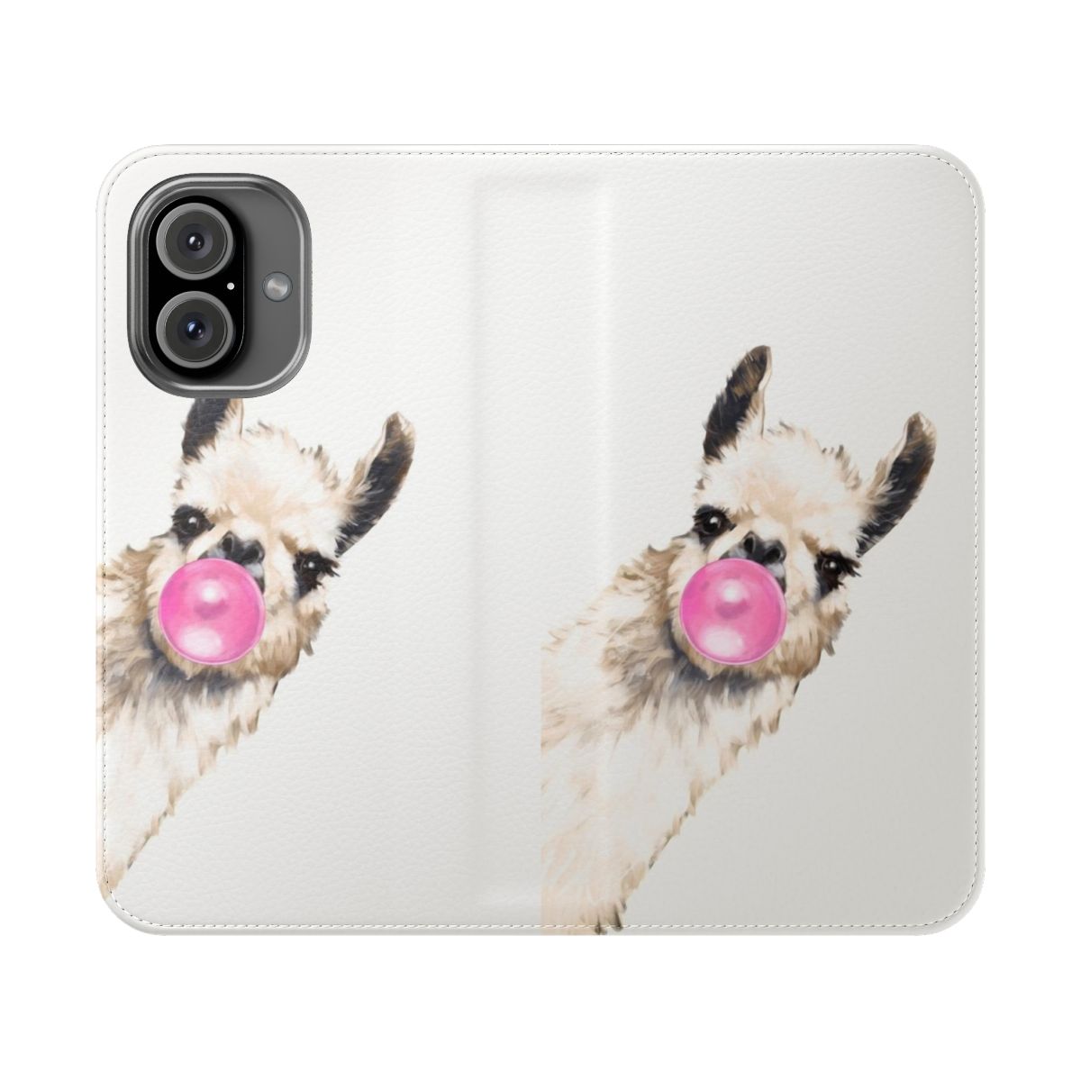 Whimsical watercolor illustration of a llama blowing a bubble with bubblegum on a phone case