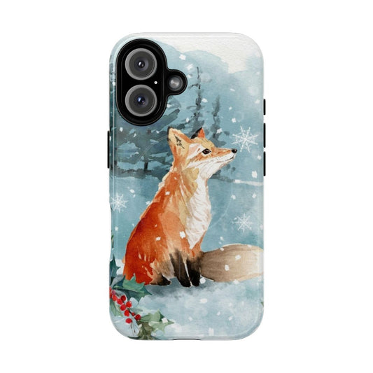 Watercolor illustration of a fox in the snow with holly and pine trees