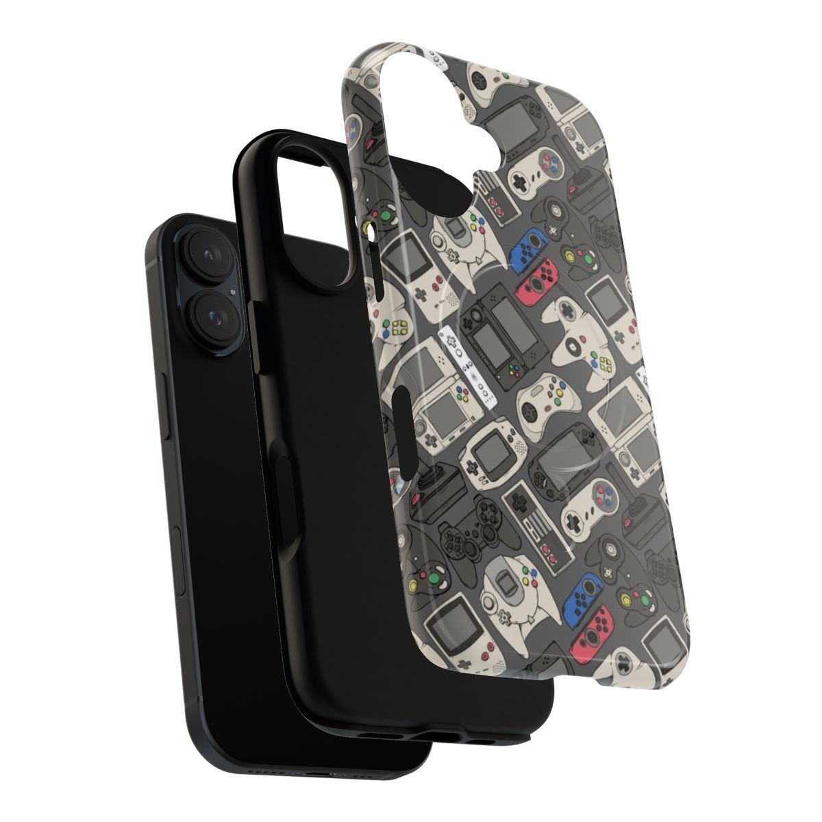 Colorful phone case featuring retro video game controller patterns - Layers