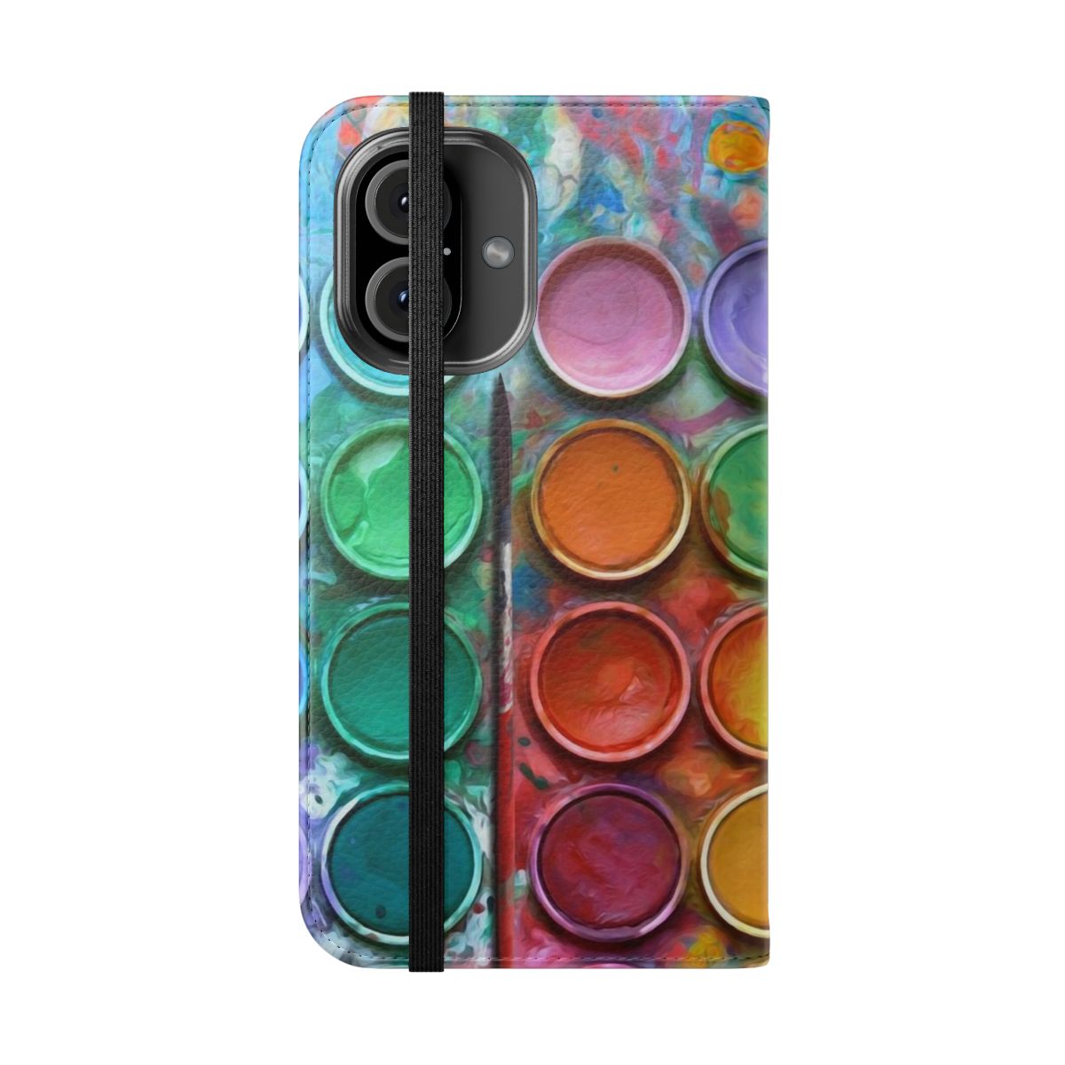 Colorful watercolor paintbox design on a smartphone flip cover - Folded Front