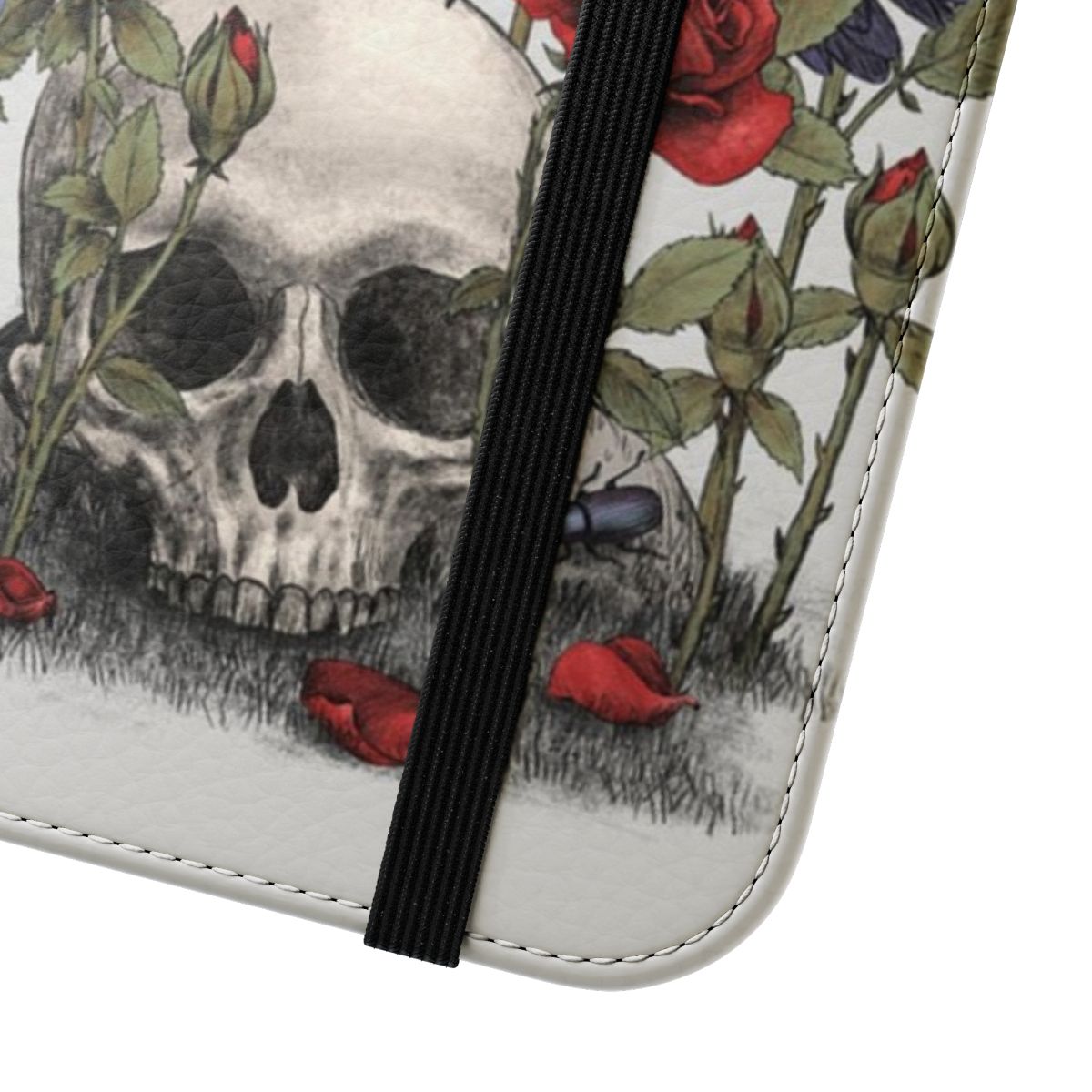 A dark, gothic-style phone case featuring a raven, skull, and floral design. - Close Up