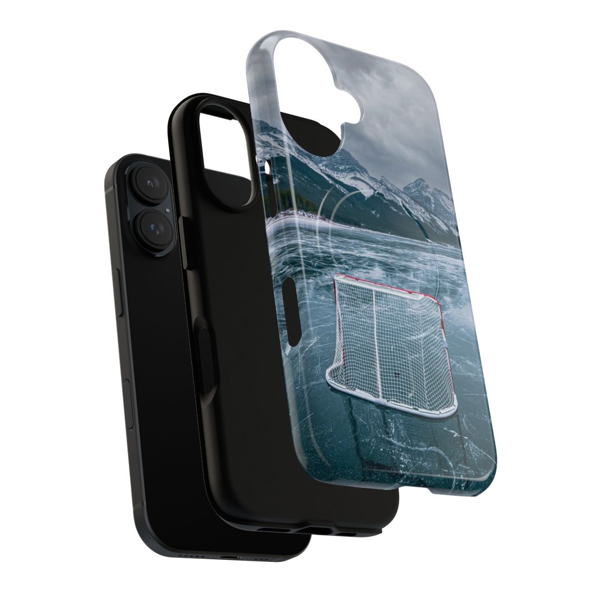 Magnetic phone case with an outdoor rink and hockey theme design - Layers