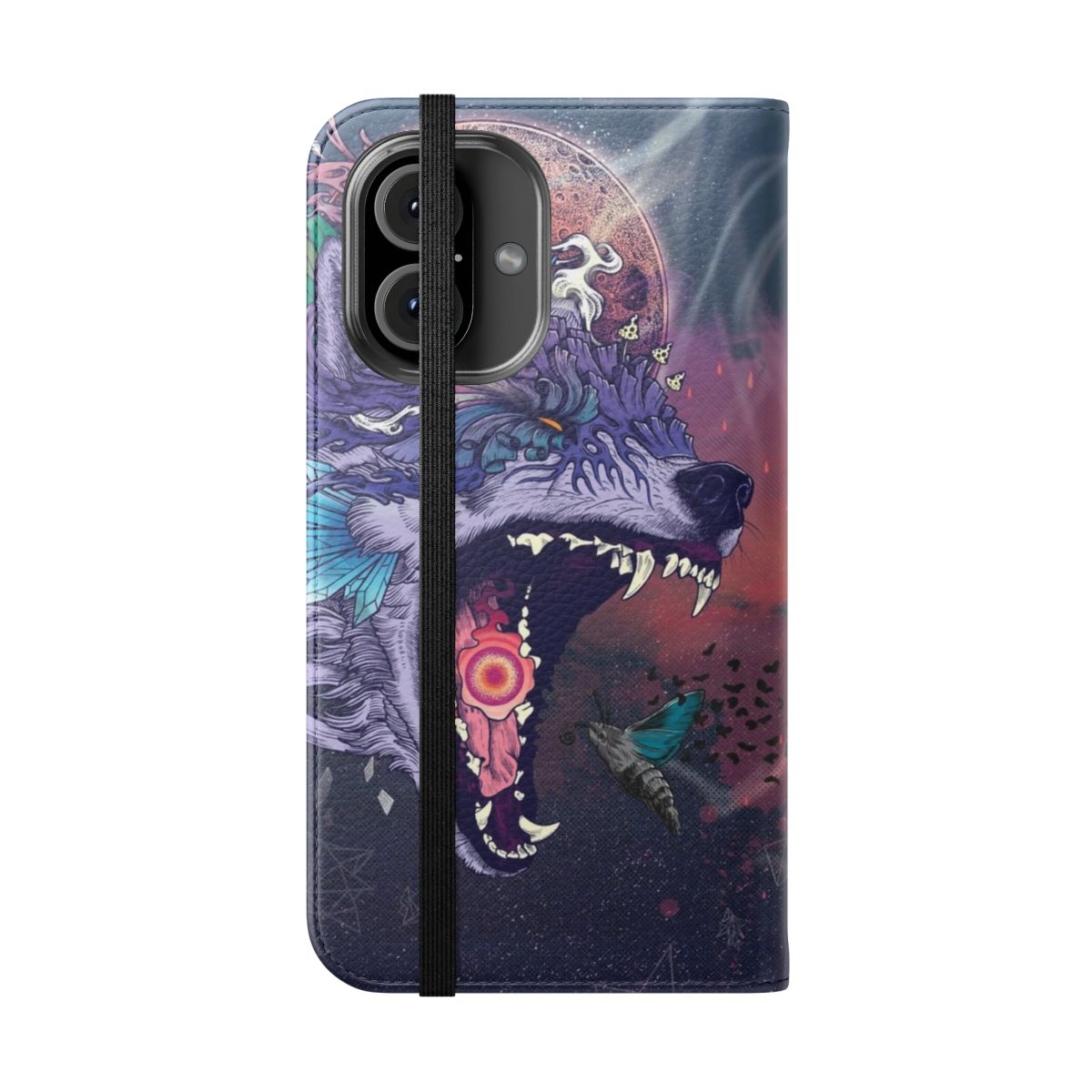 Vibrant psychedelic and surreal phone case featuring a wolf and celestial imagery - Folded Front