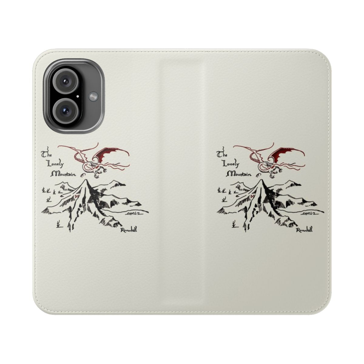 Flip cover phone case featuring a fantasy landscape with a dragon's hoard in a solitary mountain, inspired by the Lord of the Rings universe.