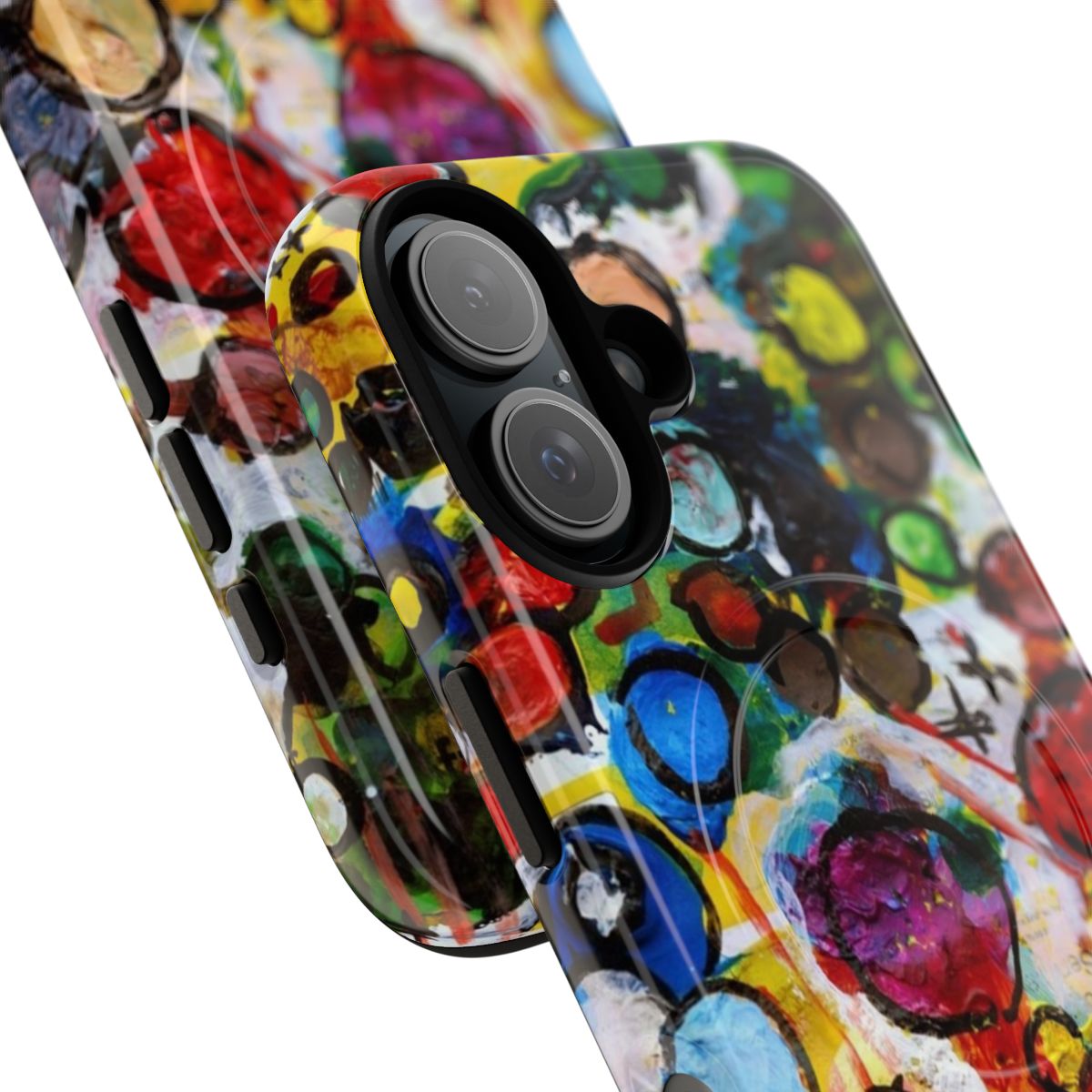 Closeup image of a vibrant, abstract phone case with a colorful, layered and textured design. - Detail