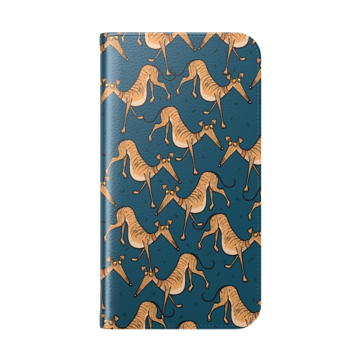 A colorful cartoon-style brindle greyhound, whippet, or lurcher dog on a flip cover phone case. - Folded Back