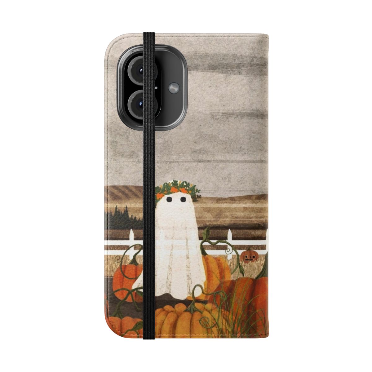 Flip cover phone case with a vintage style illustration of a haunted pumpkin patch scene - Folded Front