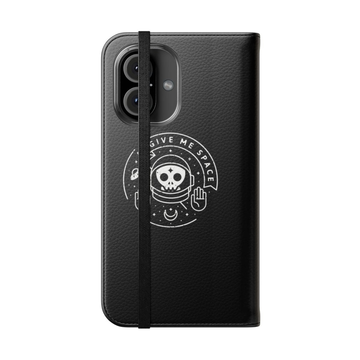 A stylish and playful flip phone case featuring a space-themed design with a moon, UFO, skull, and astronaut - Folded Front