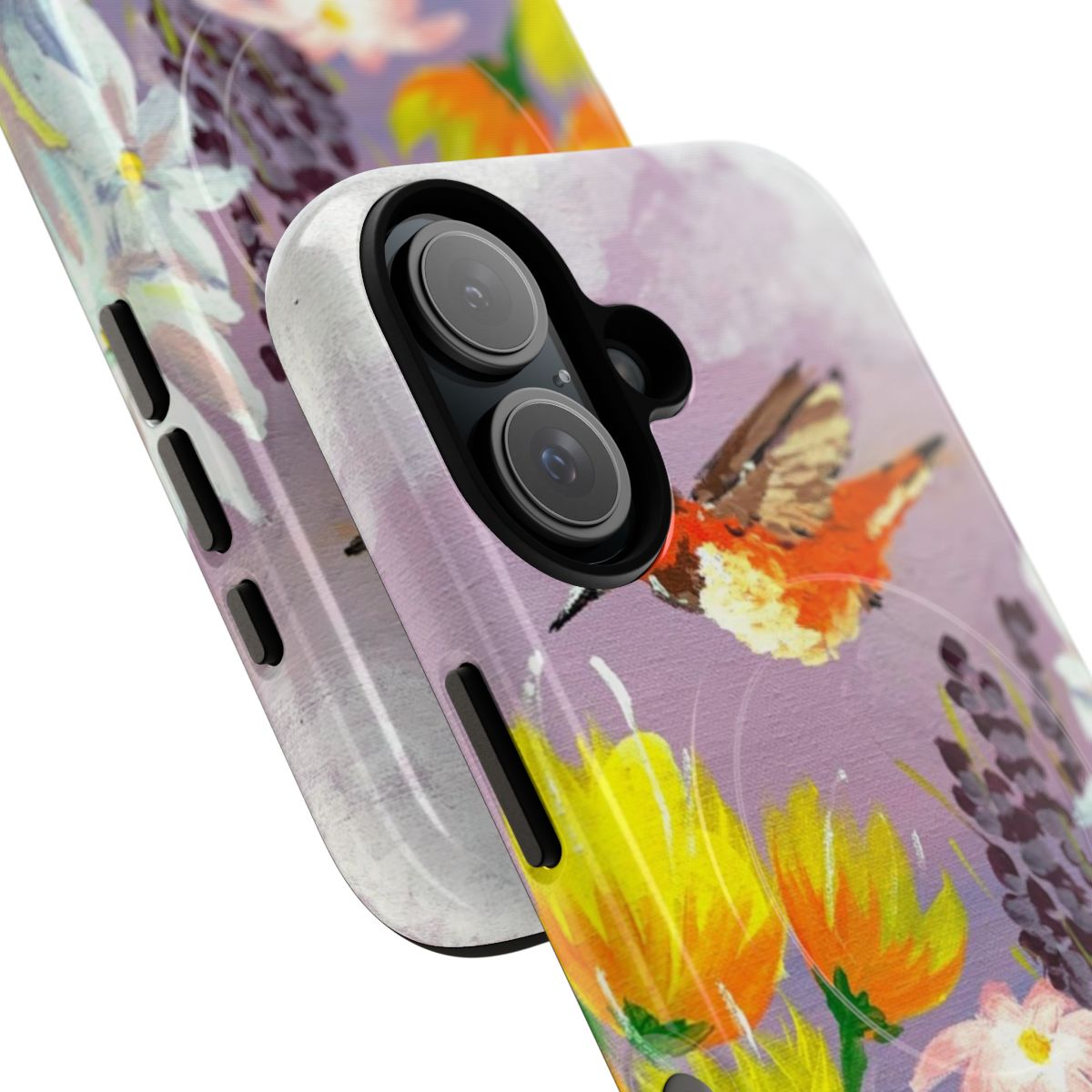 In the Garden phone case featuring a beautiful hummingbird and flowers design - Detail