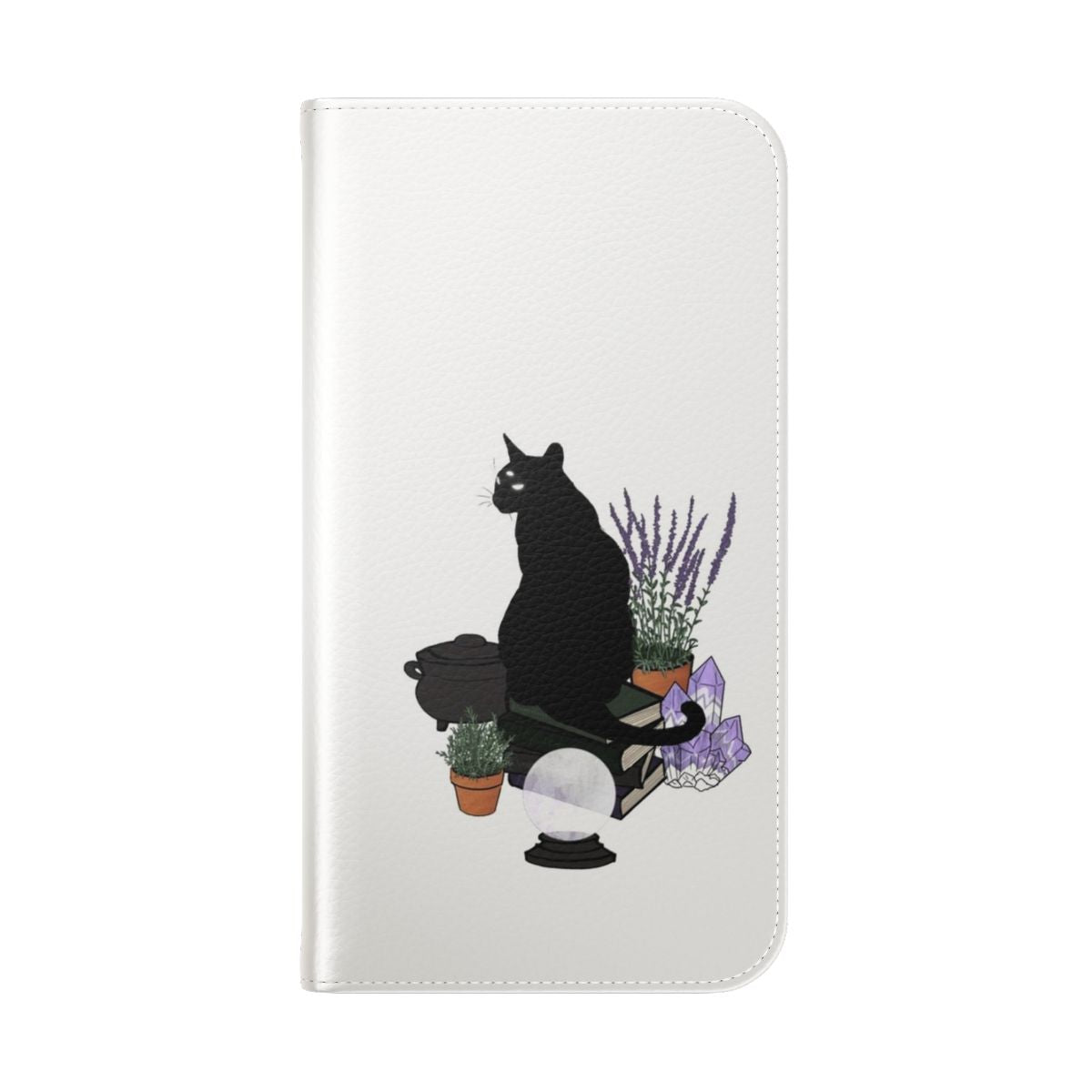 Transparent flip cover phone case with crystal ball, amethyst, and plant design - Folded Back