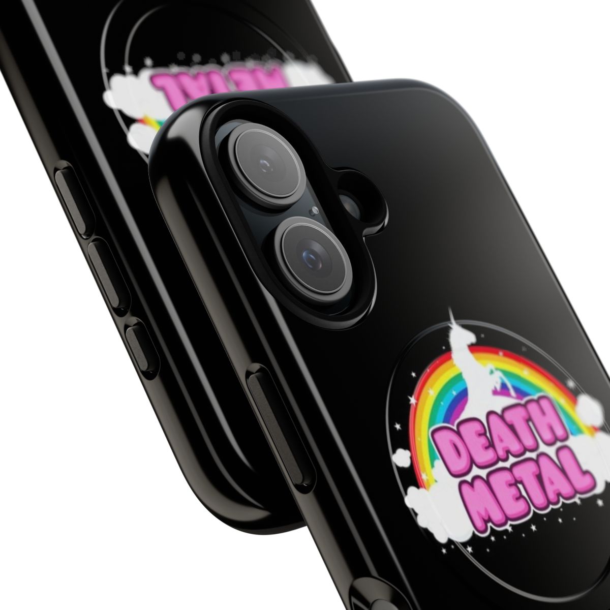 Colorful magnetic tough phone case with a funny unicorn and metal parody design - Detail