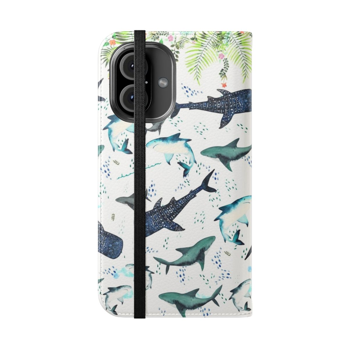 Floral shark pattern phone case cover with palm leaves and underwater elements - Folded Front