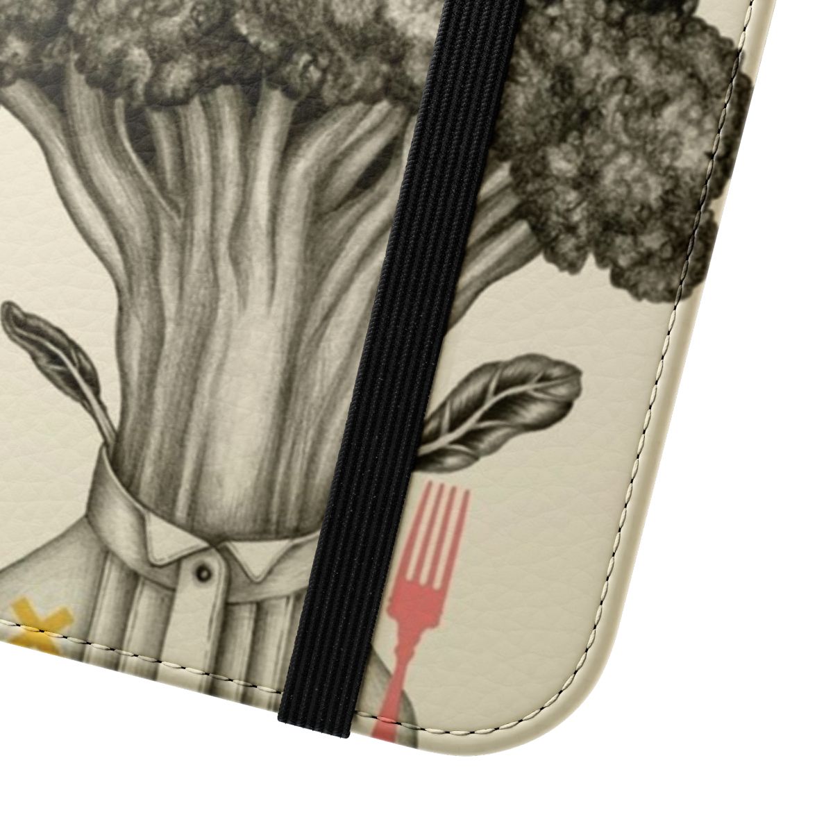 Broccoli-themed flip phone case with fork, dragonfly, portrait, and pencil design - Close Up