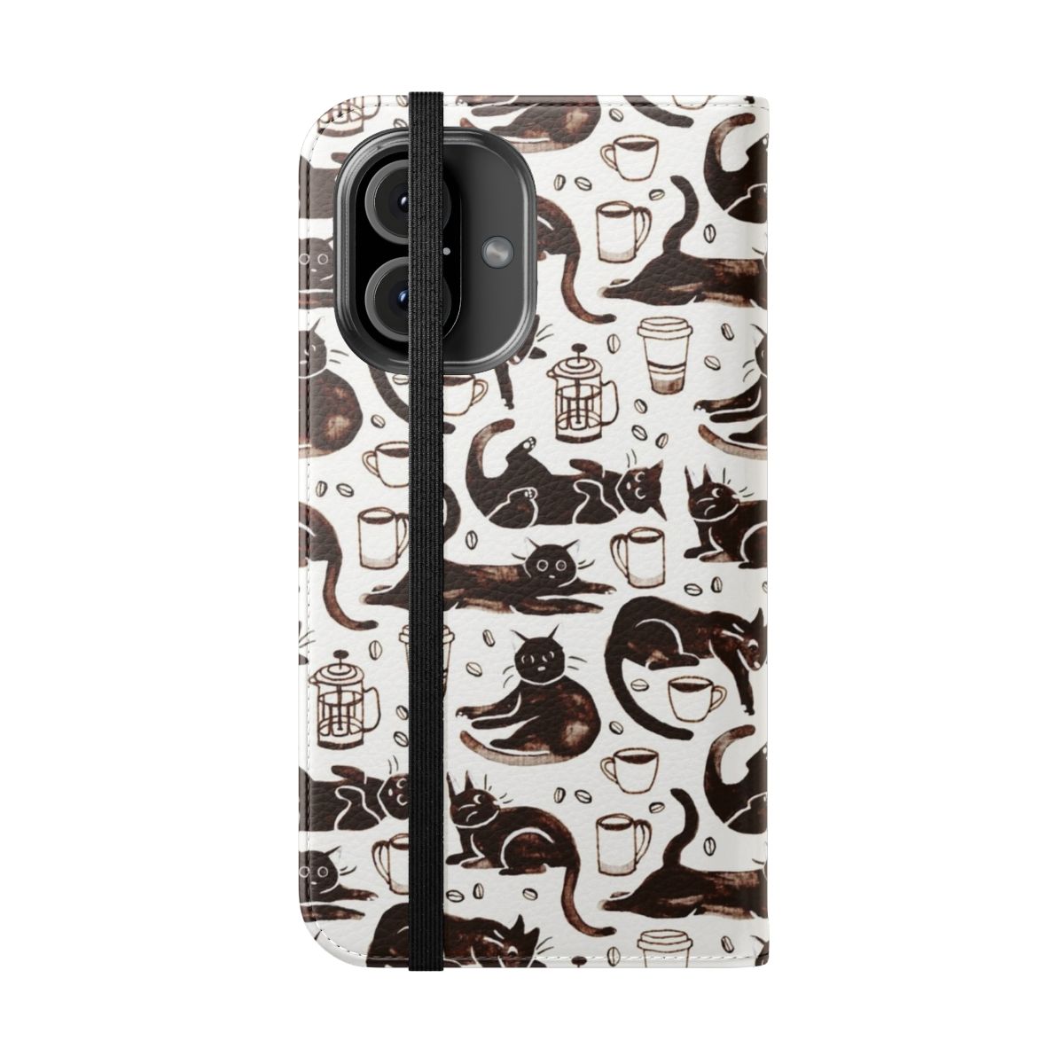 Gouache black cat painting on a phone case with a repeating pattern design - Folded Front