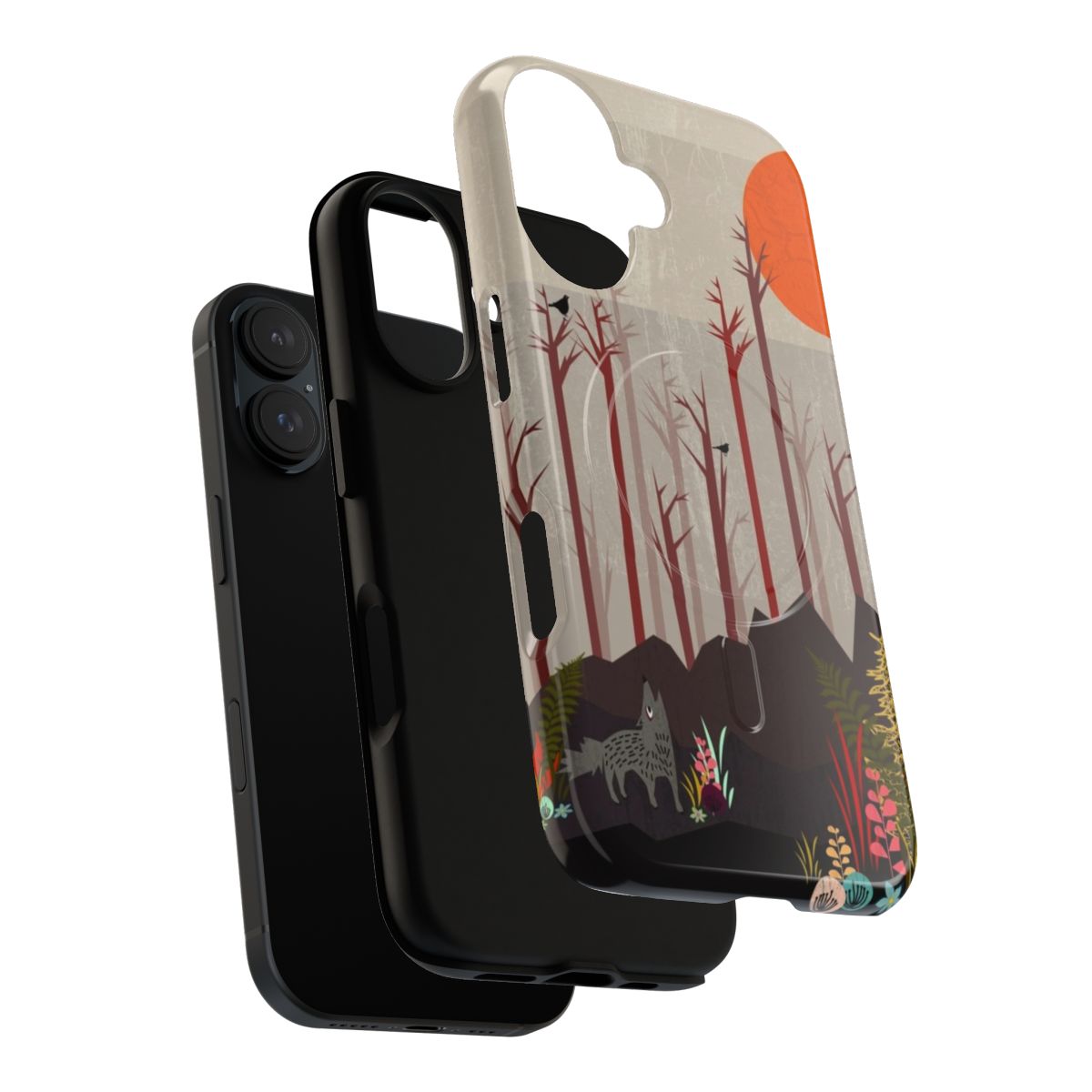 Autumn nature scenery with wolf, flowers, and trees on a durable phone case - Layers