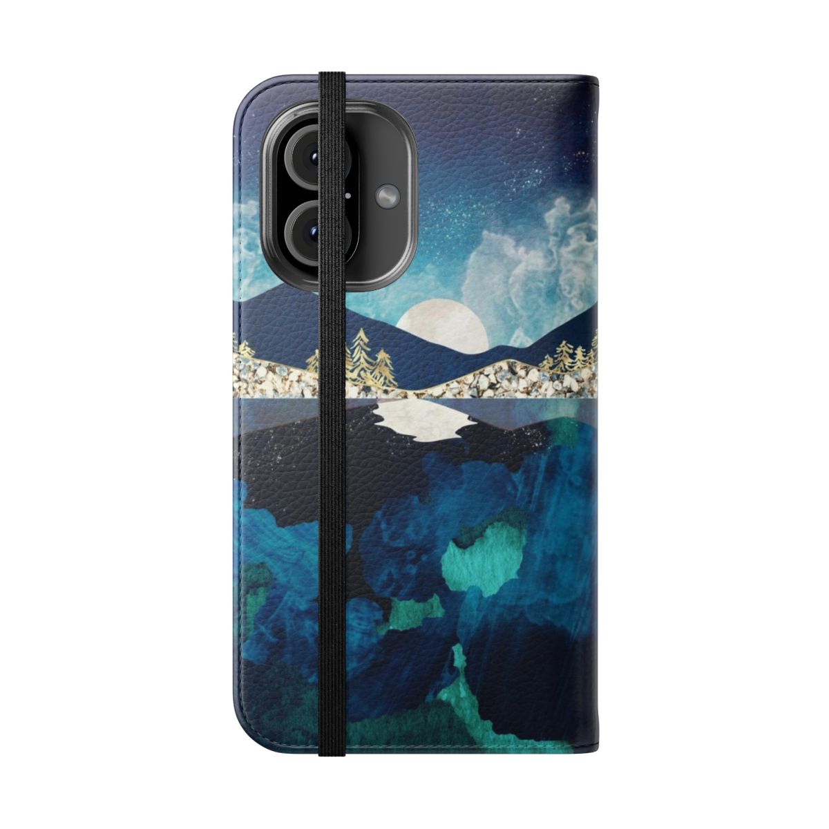 Midnight water flip cover phone case featuring a serene nature landscape design with mountains, trees, and a night sky reflection. - Folded Front