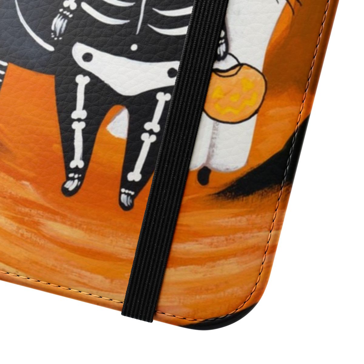 A flip phone case featuring a spooky cat design perfect for fall and Halloween. - Close Up