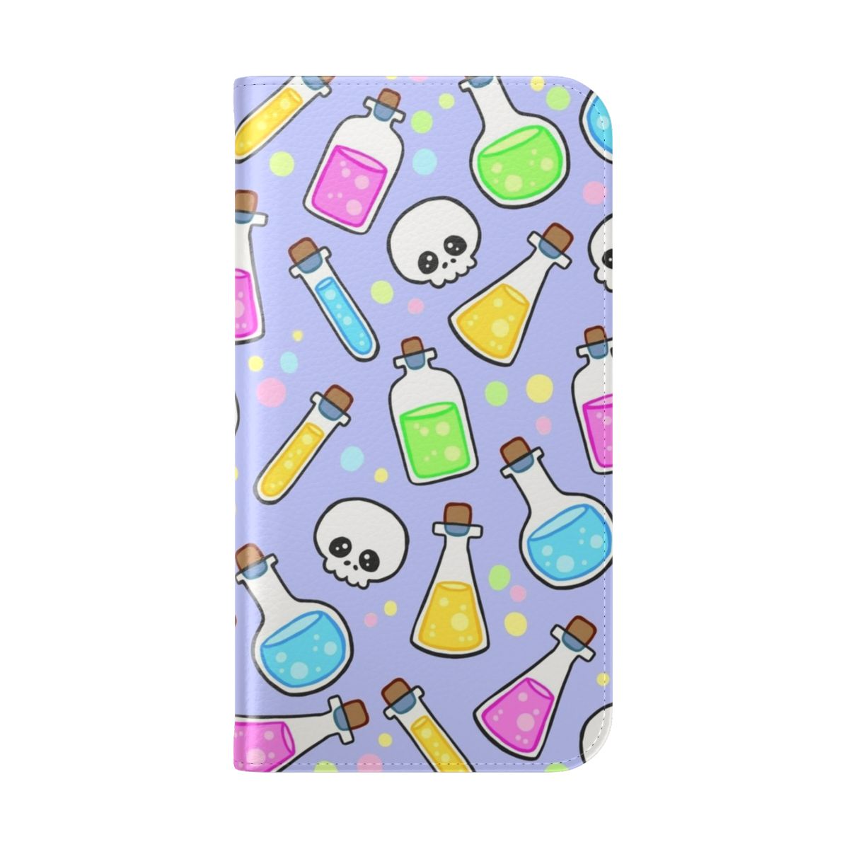 A whimsical flip phone case featuring a pastel-colored potion and skull design, perfect for Halloween and autumn seasons. - Folded Back