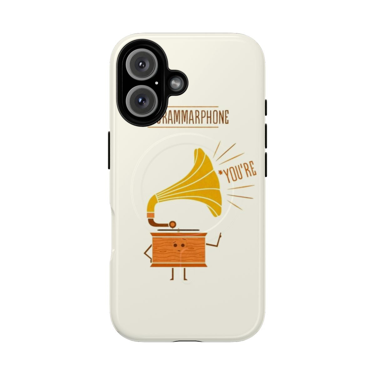 Magnetic phone case with a gramophone pun design