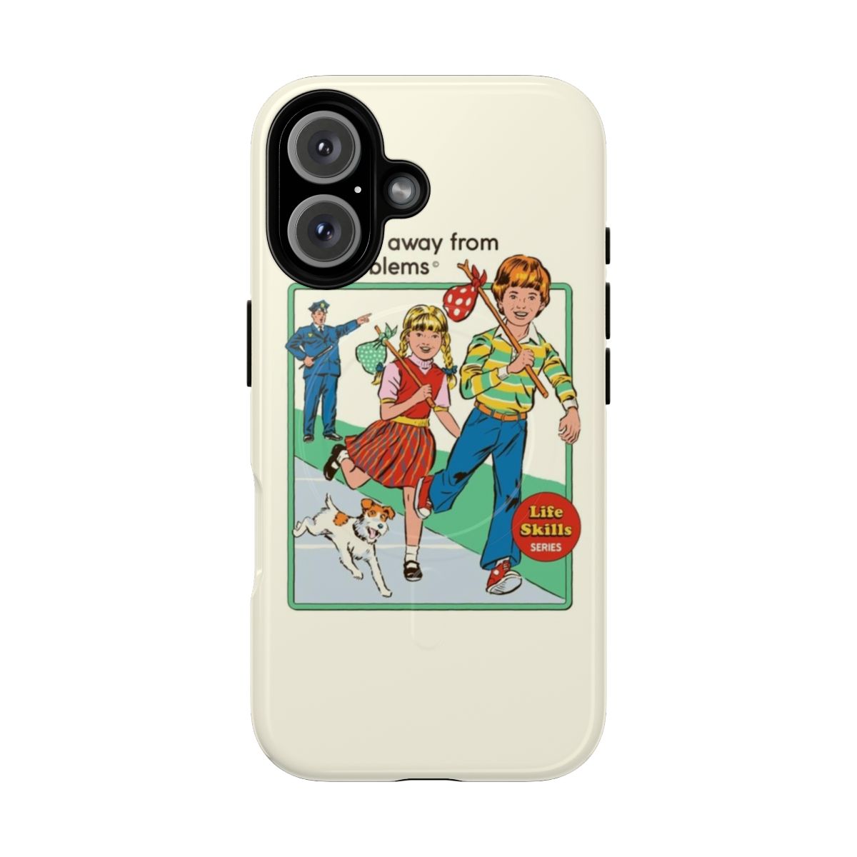 Retro-inspired magnetic tough phone case with humorous "Let's Run Away" design.