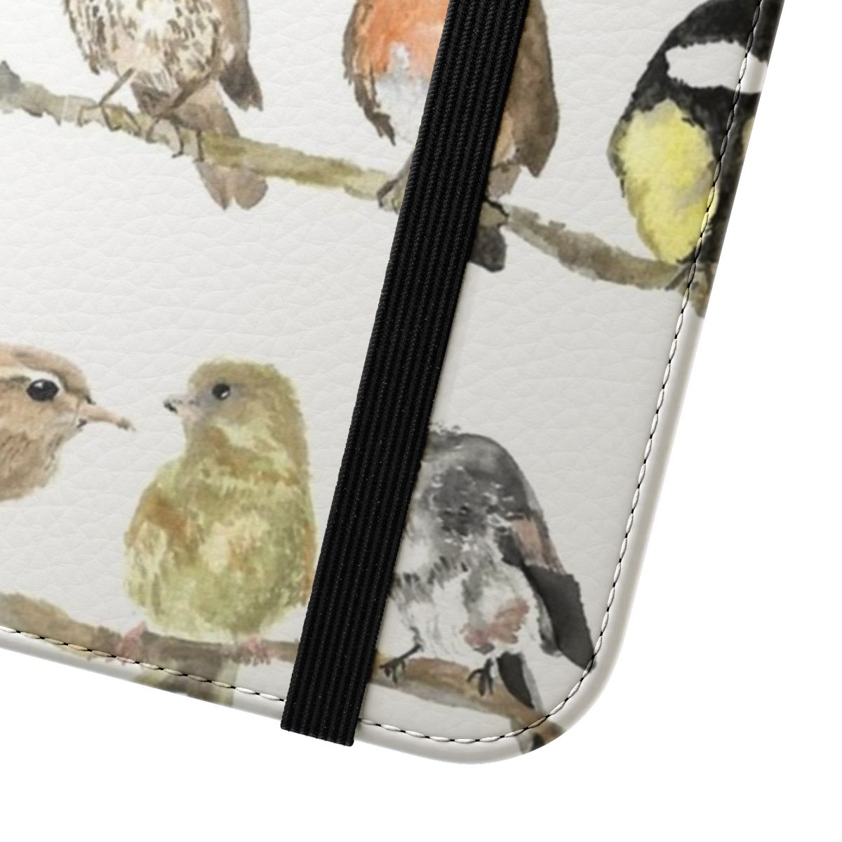 Colorful phone case featuring illustrations of robins, wrens, and other garden birds - Close Up