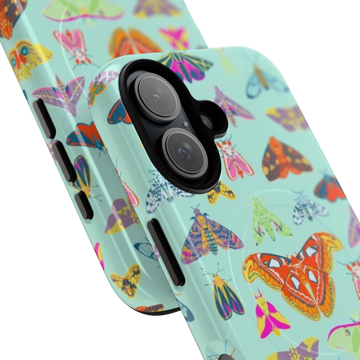 Colorful magnetic tough phone case featuring a surface design with vibrant moths and butterflies - Detail