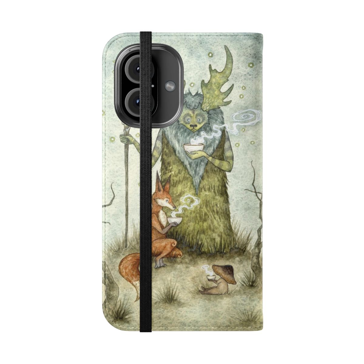 Flip cover phone case with a whimsical fairy tale forest spirit design - Folded Front