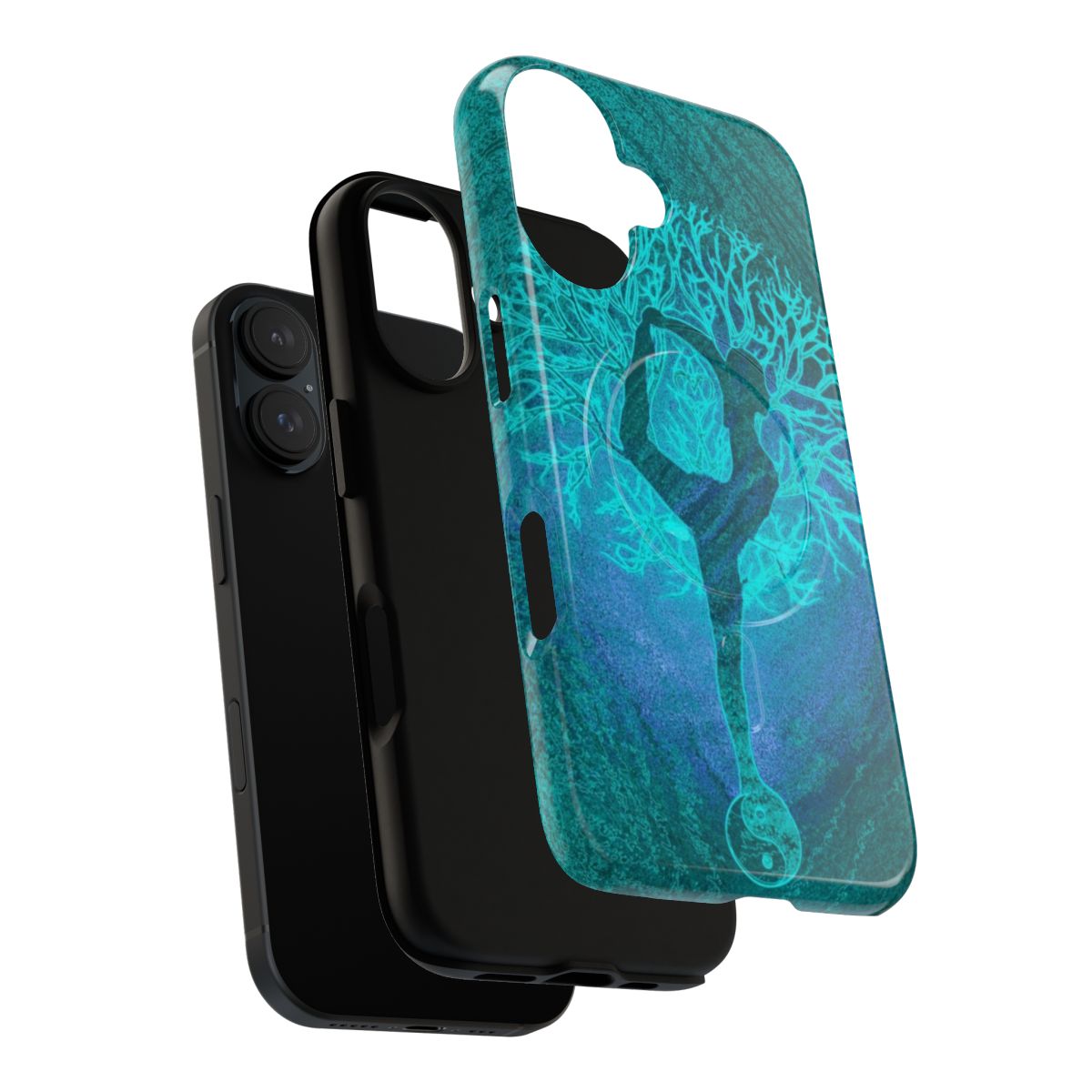 Tree of Life yoga phone case with teal and aqua colors depicting a tree in a yoga pose for balance and harmony - Layers