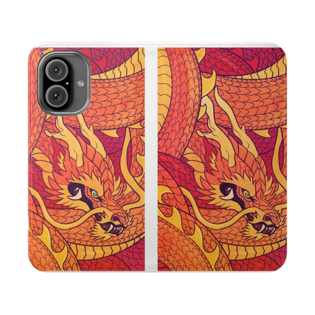 A red, coiled dragon-themed flip cover phone case with a fantasy design.