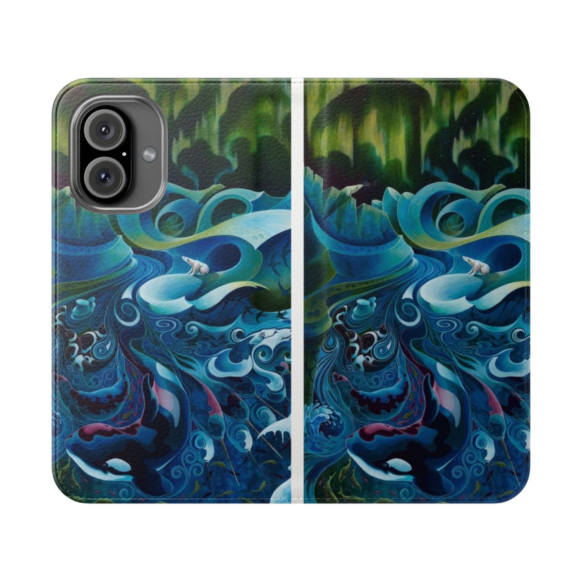 Colorful flip phone case featuring an artistic orca whale design on an arctic landscape background.