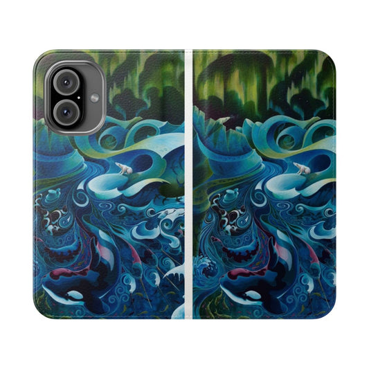 Colorful flip phone case featuring an artistic orca whale design on an arctic landscape background.