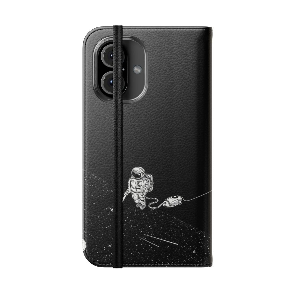 Astronaut vacuuming in space on a black and white flip phone case with stars and planets - Folded Front