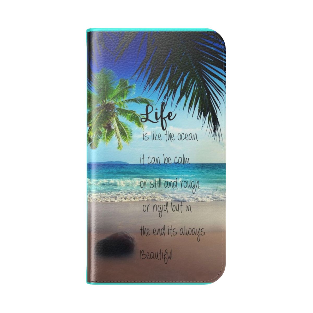 Flip cover phone case with a beach, ocean, and nature design - Folded Back