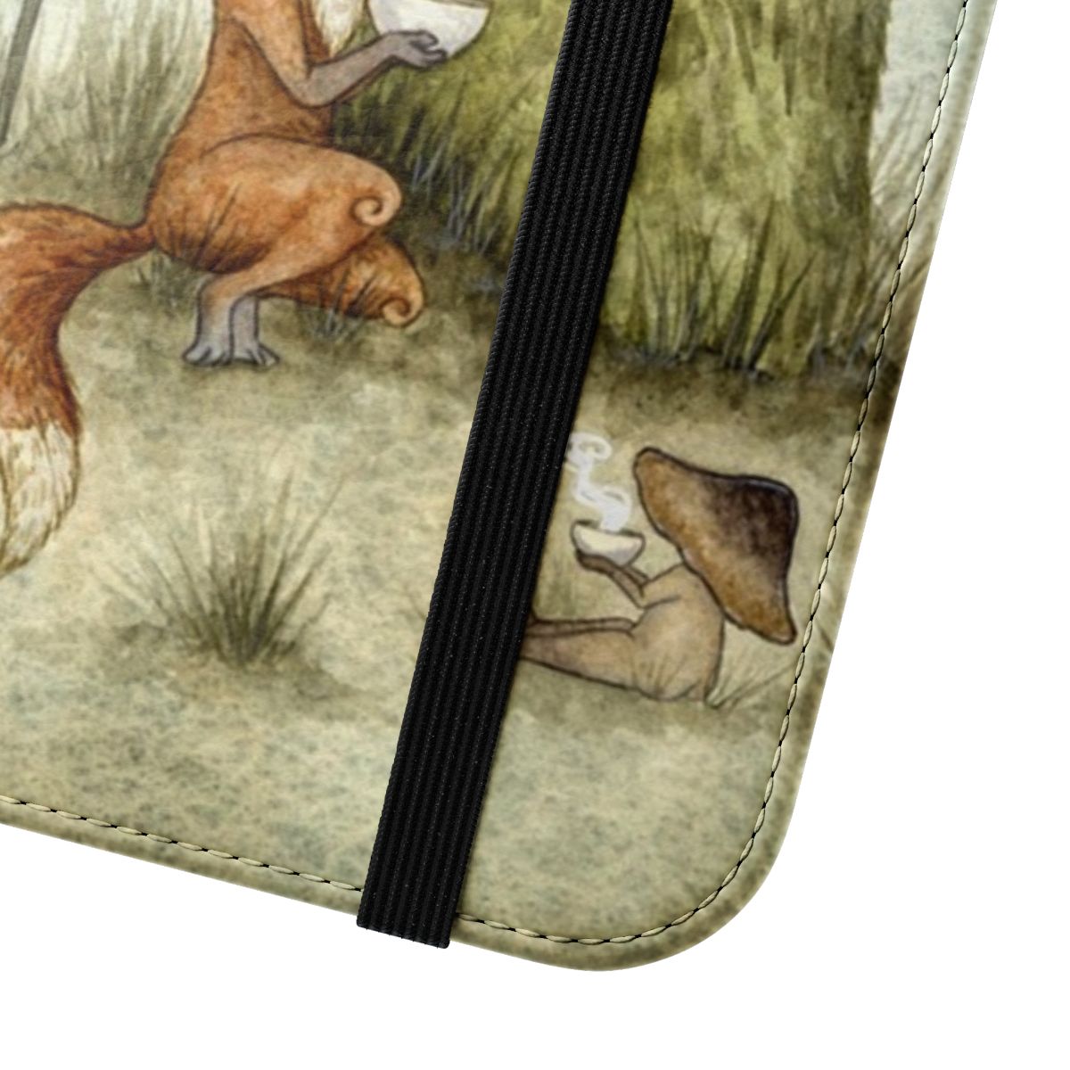 Flip cover phone case with a whimsical fairy tale forest spirit design - Close Up