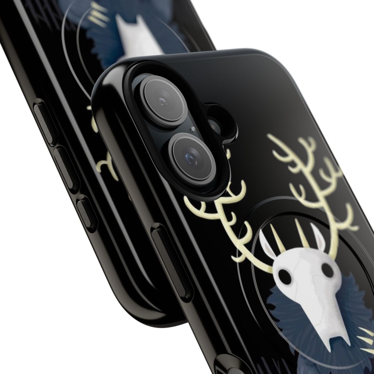 A phone case featuring a cute and spooky wendigo, a mythical creature from the woods. - Detail