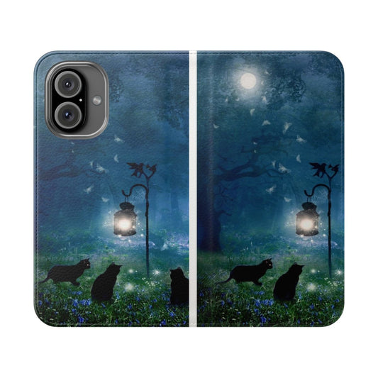 Flip cover phone case featuring a black cat design in a mystical moonlit setting