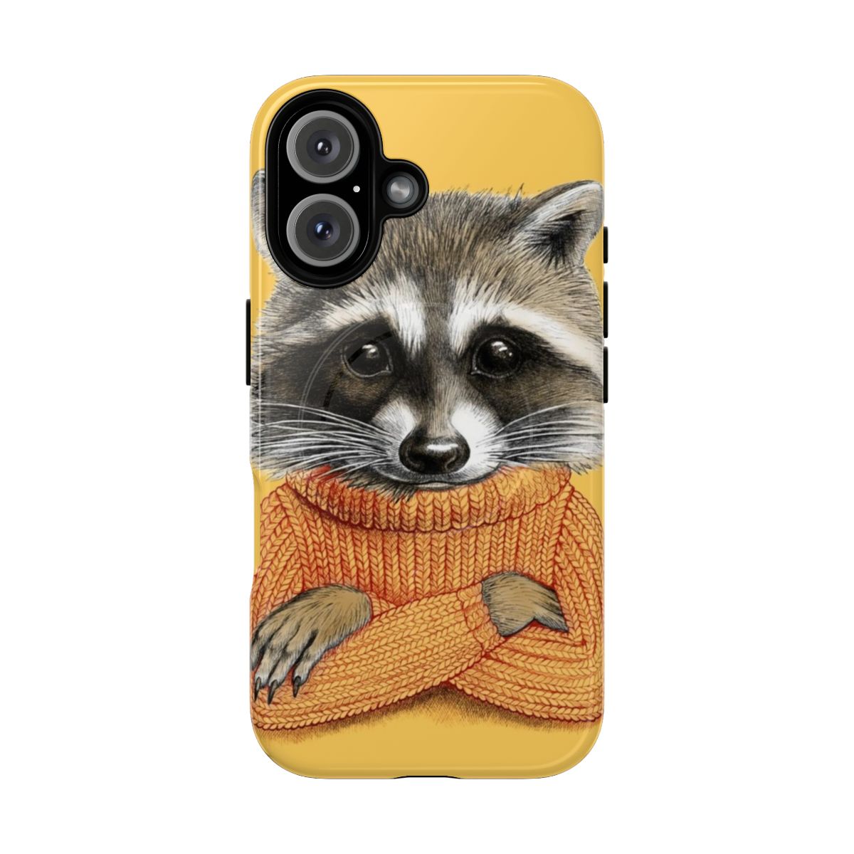 Raccoon wearing a warm, cozy winter sweater on a phone case