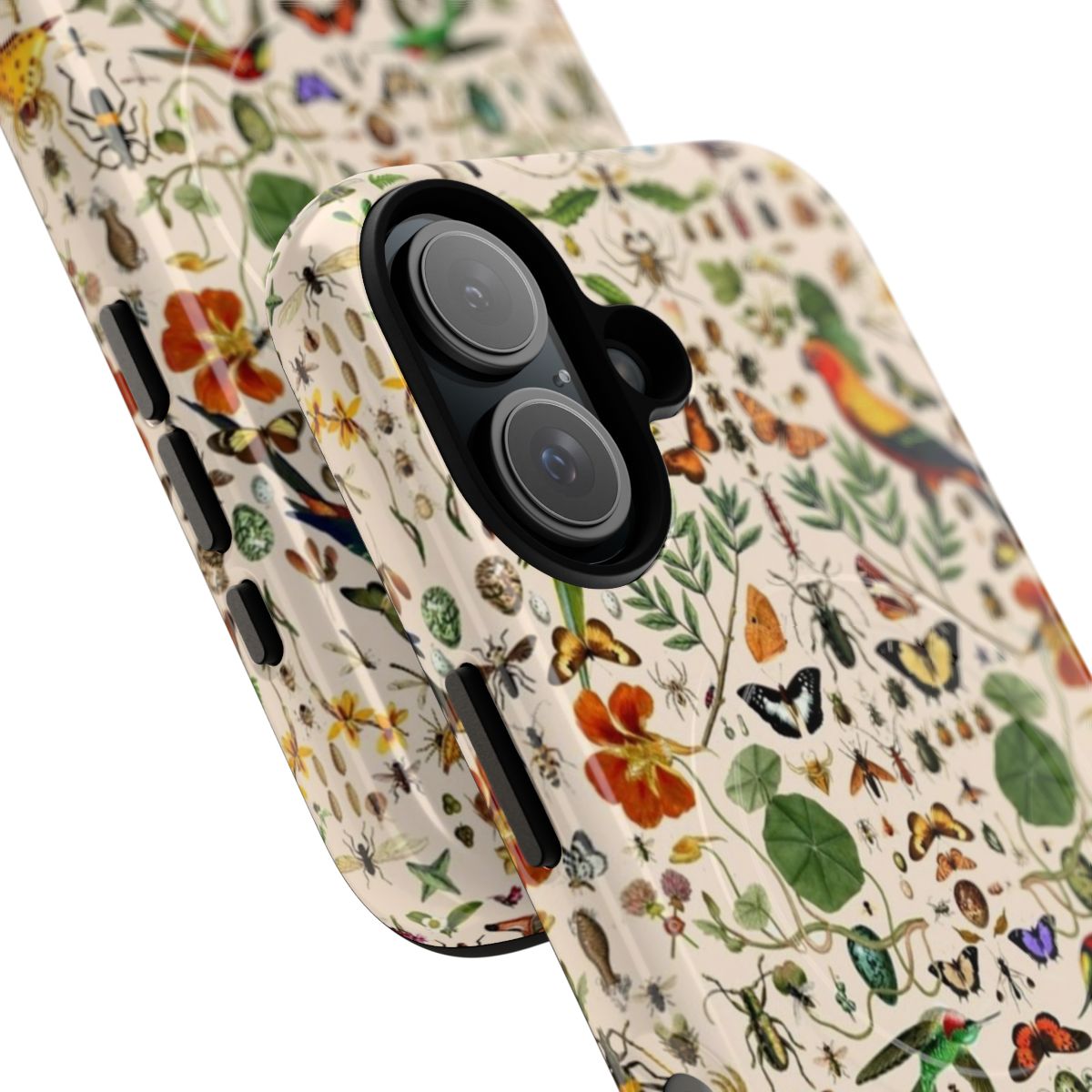 Colorful and intricate phone case design featuring a collage of nature elements including butterflies, birds, and botanicals. - Detail