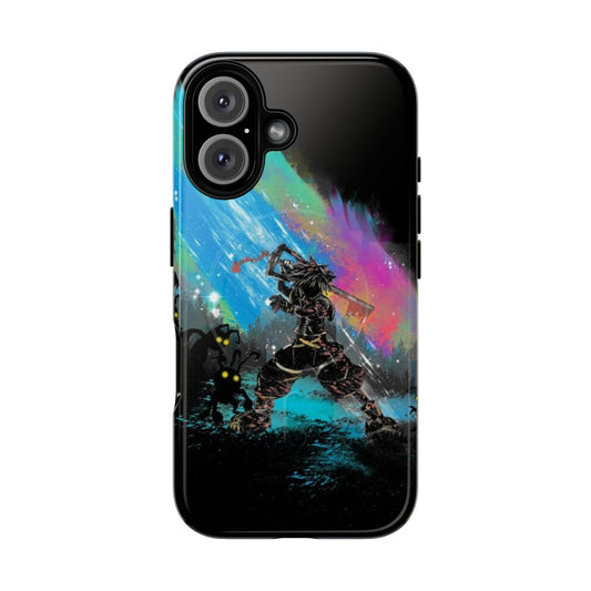 Magnetic tough phone case featuring vintage-inspired Kingdom Hearts artwork with a keyblade, heartless, and other fantasy elements.