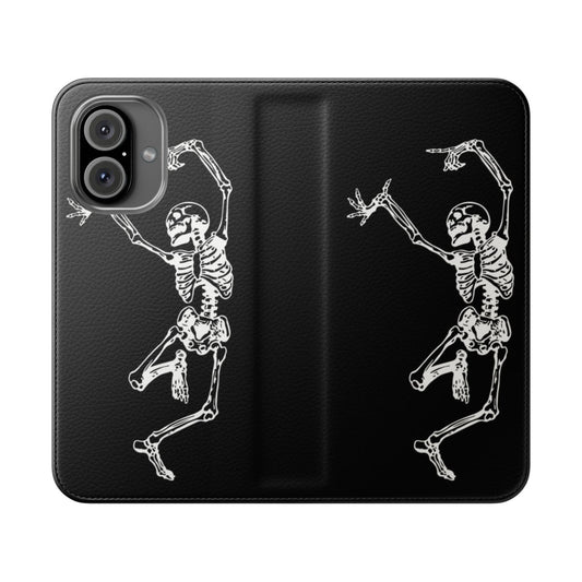 A flip cover phone case featuring a gothic design of dancing skeletons in black and white.