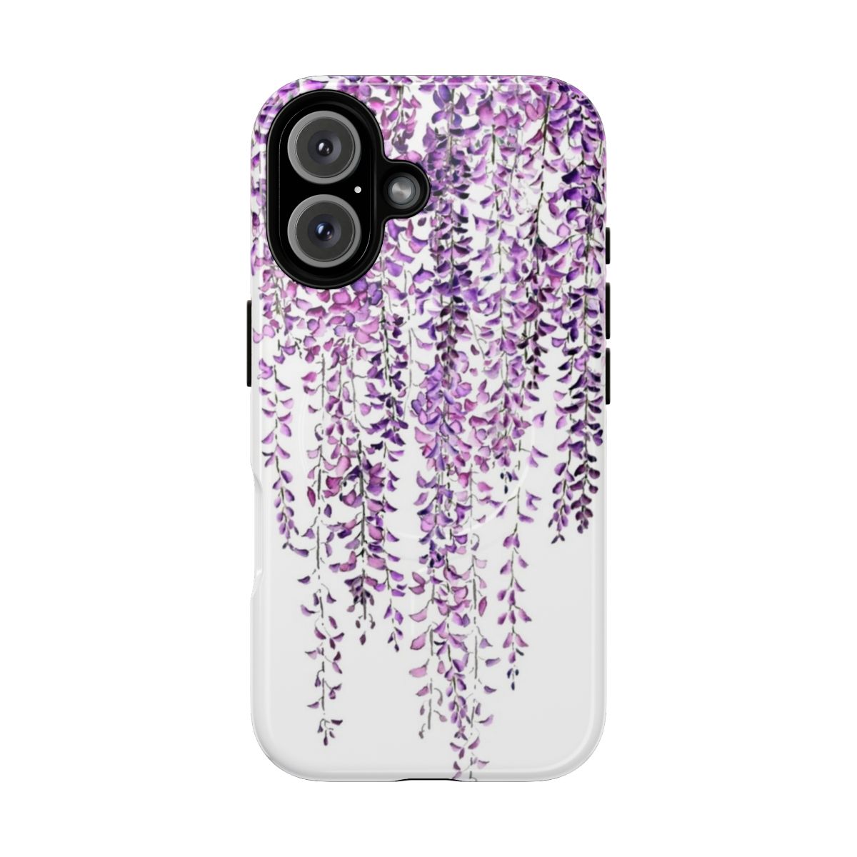 Vibrant watercolor painting of purple wisteria blooms on a phone case