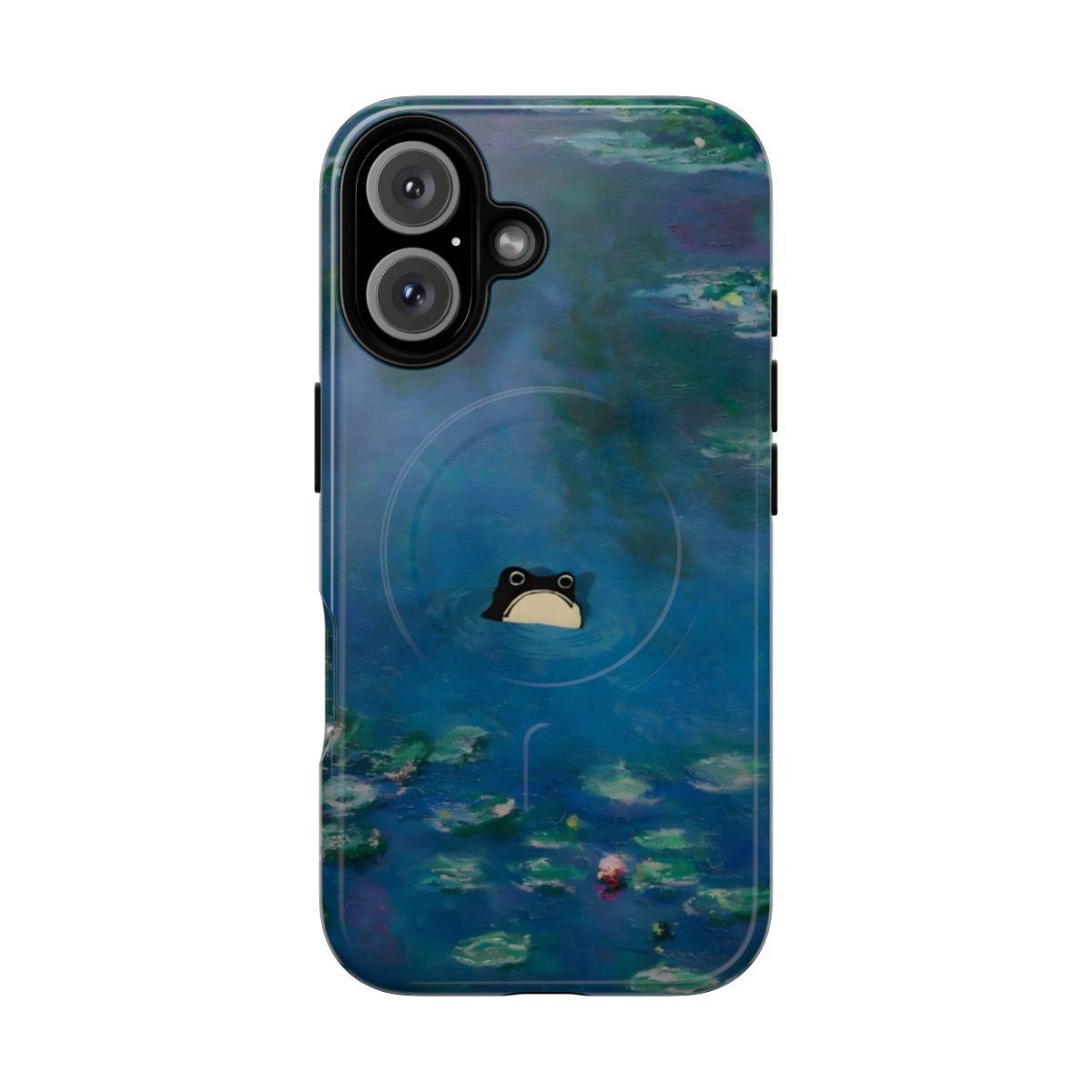 Magnetic tough case featuring a grumpy frog in a waterlily pond, inspired by the impressionist art of Claude Monet.