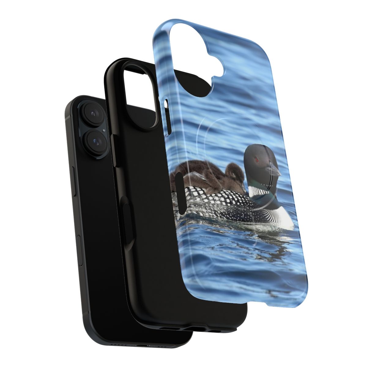 Artistic image of a mother loon with her two baby chicks, featured on a protective and durable magnetic phone case - Layers