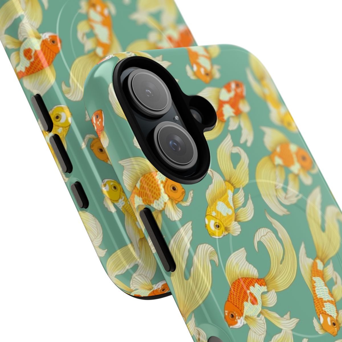 Goldfish-themed magnetic tough phone case with flowing, swimming goldfish design - Detail