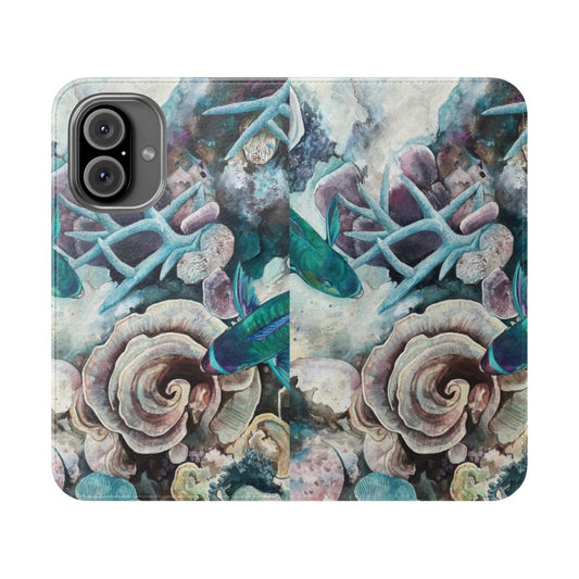 Colorful phone case featuring a parrotfish swimming in a coral reef