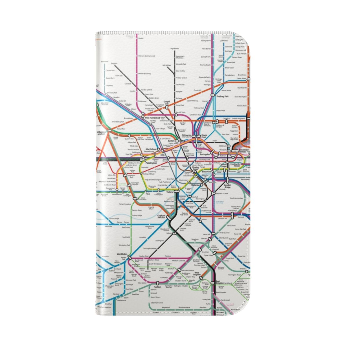 London city public transit map phone case featuring the underground, overground, and Elizabeth line routes. - Folded Back