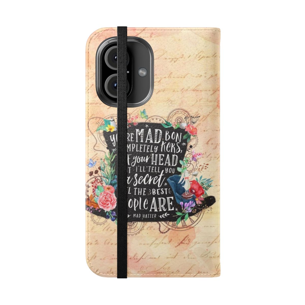 Vintage-style phone case featuring a whimsical, nature-inspired design with silhouettes, flowers, and storybook elements. - Folded Front