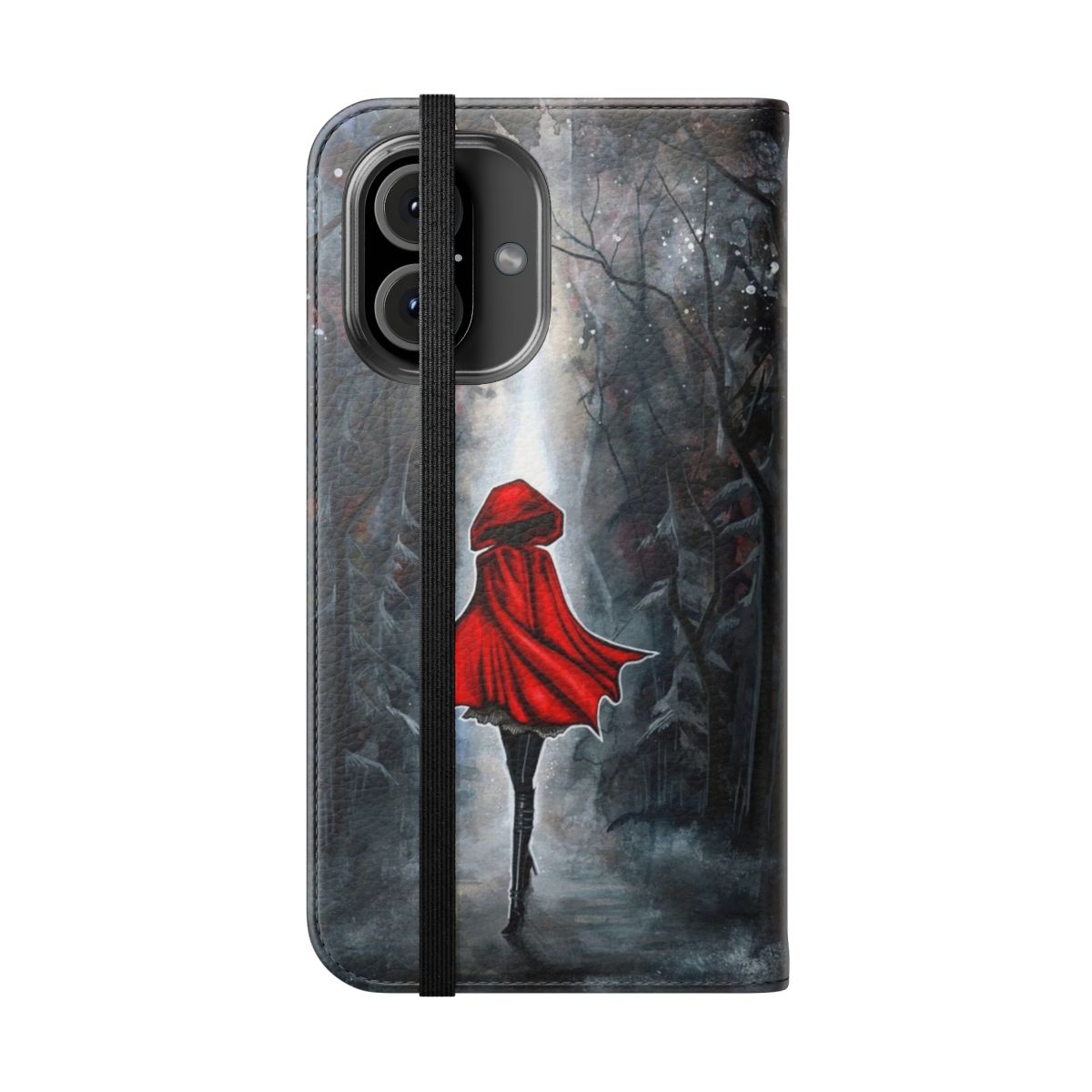 Dark and surreal watercolor illustration of Little Red Riding Hood on a flip phone case - Folded Front